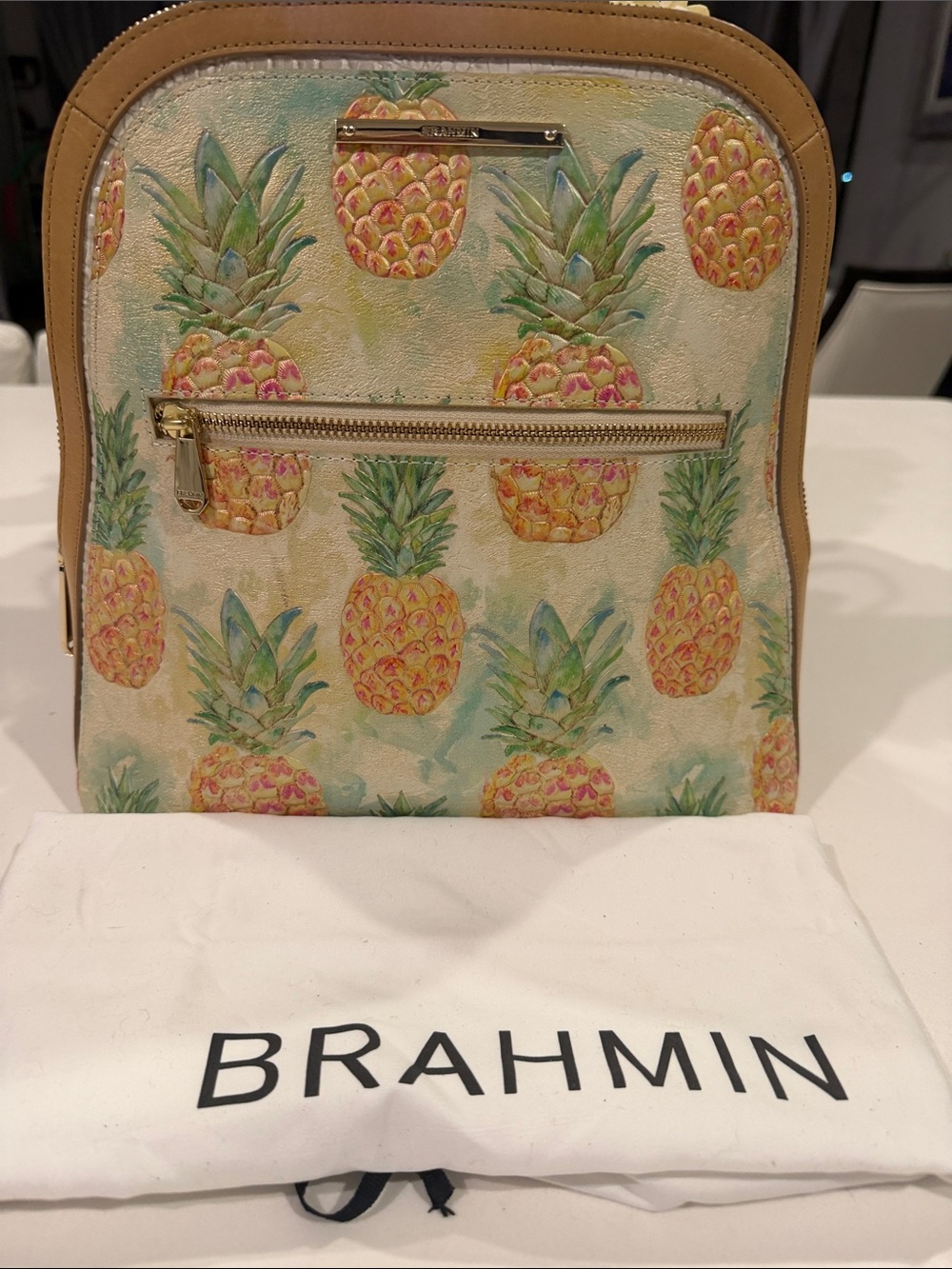 Brahmin Pineapple Print Leather Backpack in Cream & Tan Trim